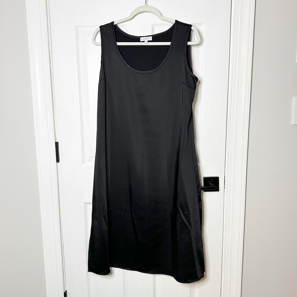 S'edge Sleeveless Midi Dress Women Size M Black Satin Scoop Neck Quiet Luxury‎